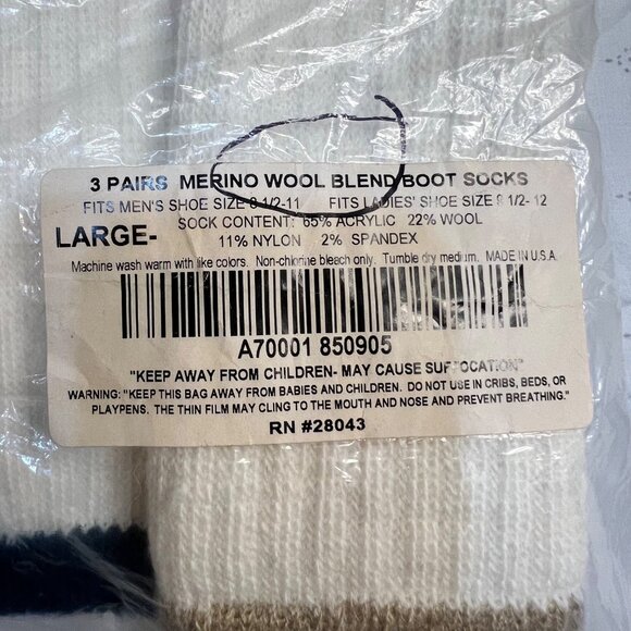 3 Pairs Merino Wool Blend Boot Socks Large 10-12.5 White Multicolor  Made In USA - Picture 2 of 5